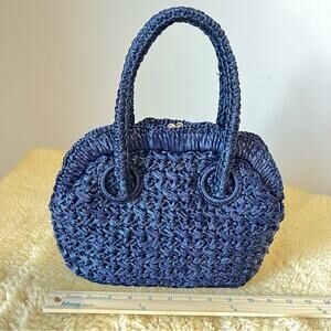 VNTG Retro Straw Purse Handbag Top Handle - Japan, Mid Century, Midnight Blue